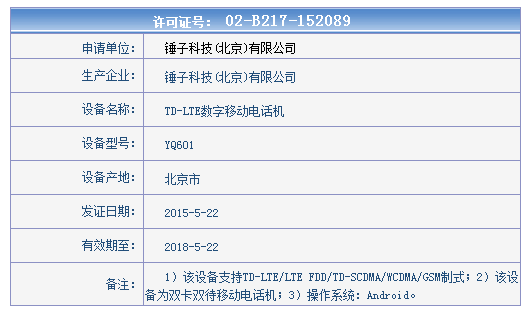 錘子新機(jī)亮相工信部 這就是小錘子？