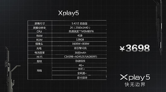 曲面屏6G內(nèi)存，vivo Xplay5發(fā)布3698元起